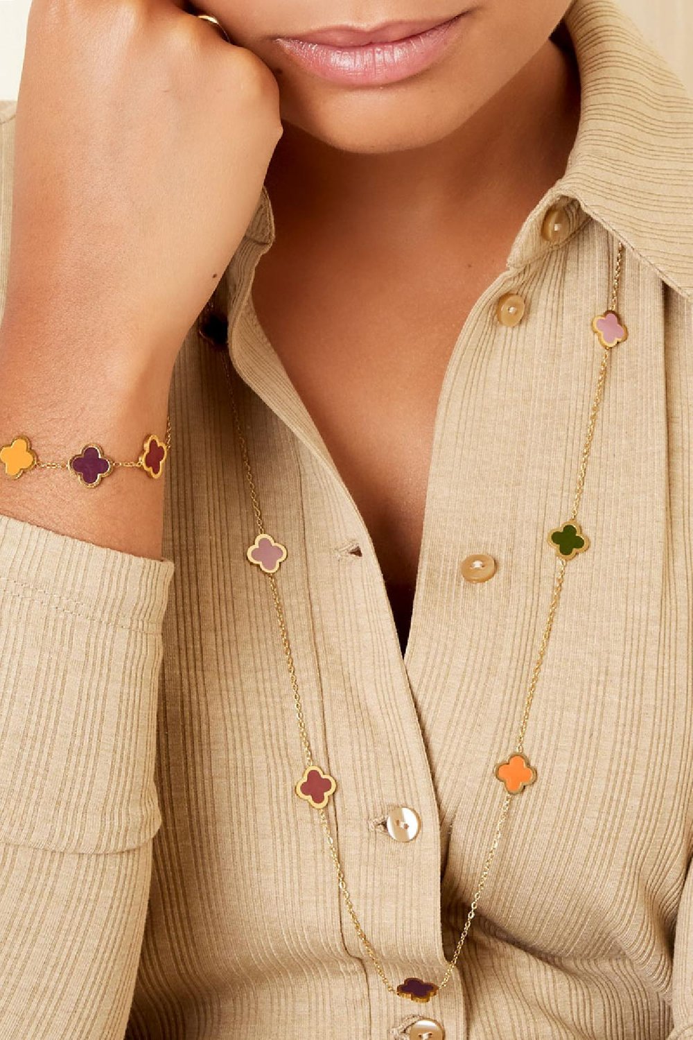 Bracelet with colored clovers Gold color Stainless Steel h5Picture3